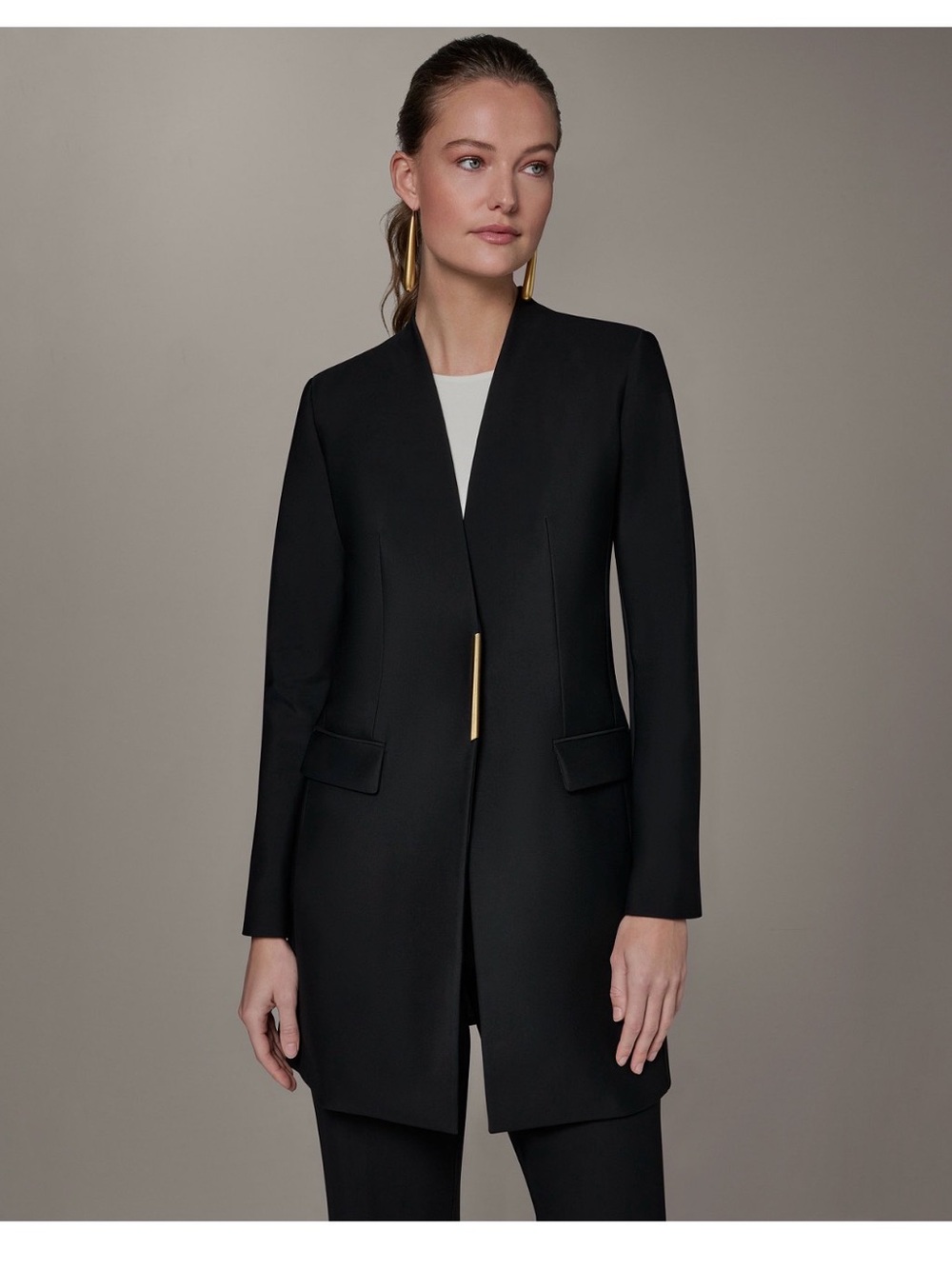 Donna Karan Black Long Open-Front Blazer with Gold Accent